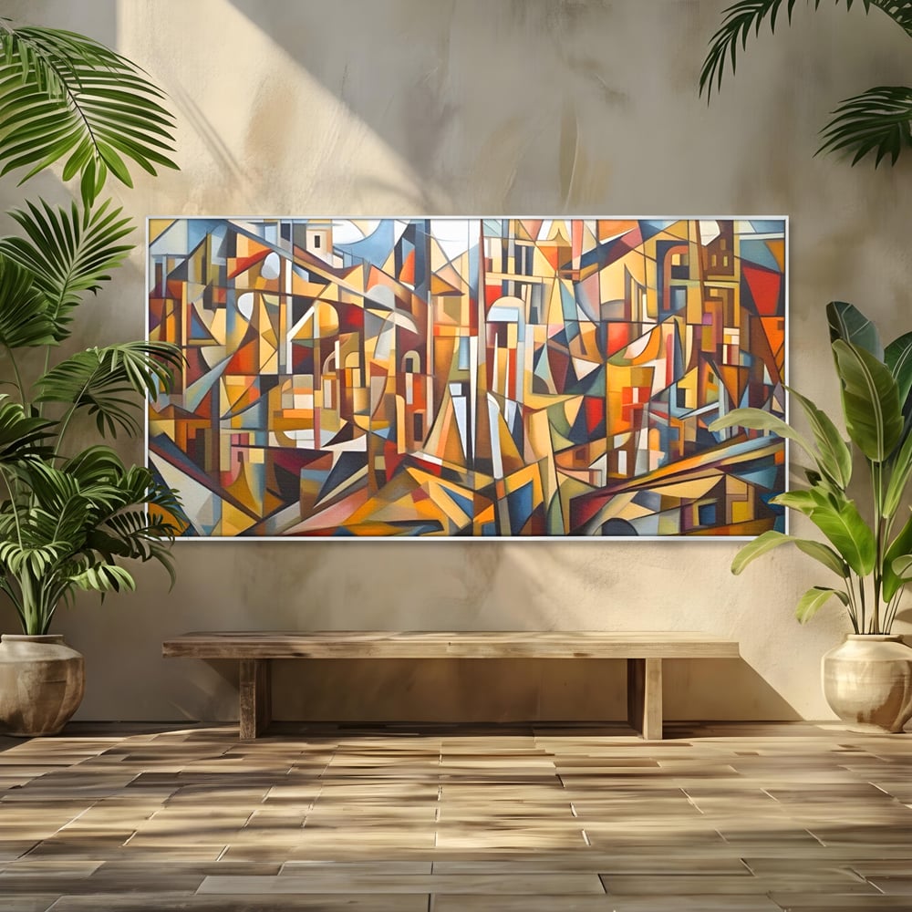 Tablou canvas cu tablou abstract cu peisaj urban, in rama de aluminiu argintiu